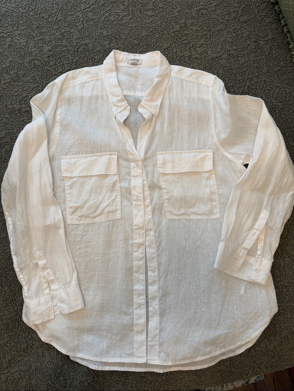 Babaton Linen-Blend White Button-Up Shirt with Chest Pockets Size L
